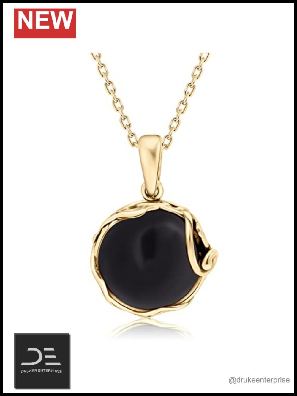 Gold Plated Silver Black Onyx Pendant Necklace 20 Inch Chain